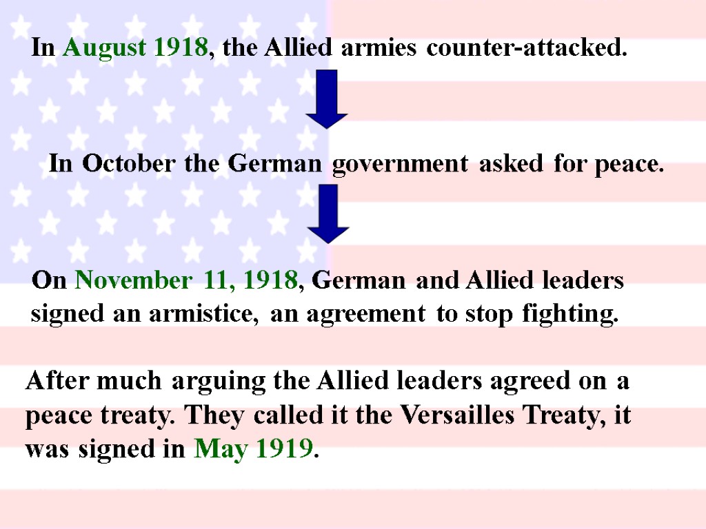 In August 1918, the Allied armies counter-attacked. In October the German government asked for